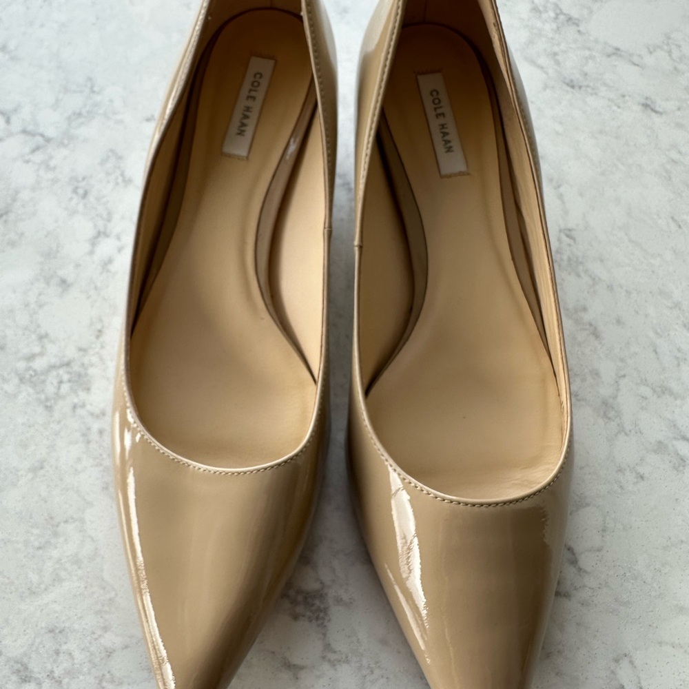 Cole Haan Women's Patent Leather Beige Low Wedge Heels